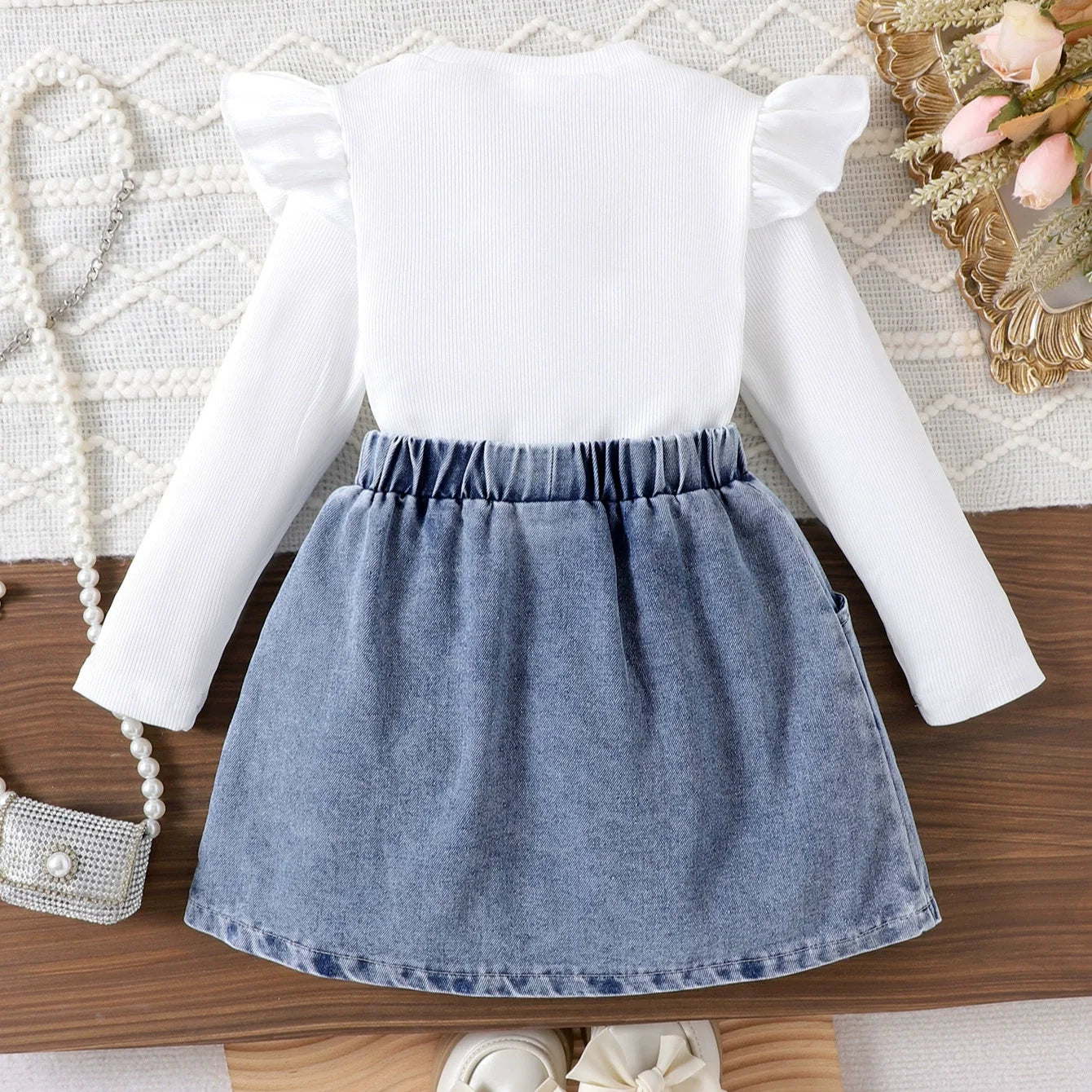 Conjunto Infantil Feminino Jeans e Pérolas