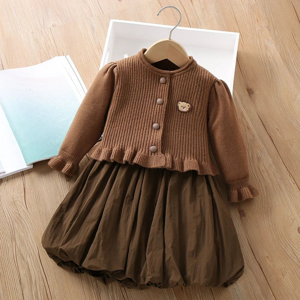 Vestido + Cardigan Infantil Tricô Ursinho