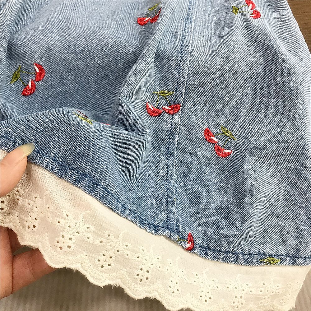 Vestido Infantil Jeans Bordado Cerejinha