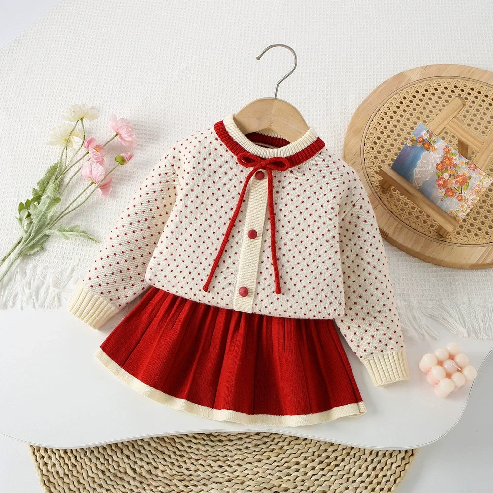Conjunto Infantil Feminino Tricô Poá Lacinho