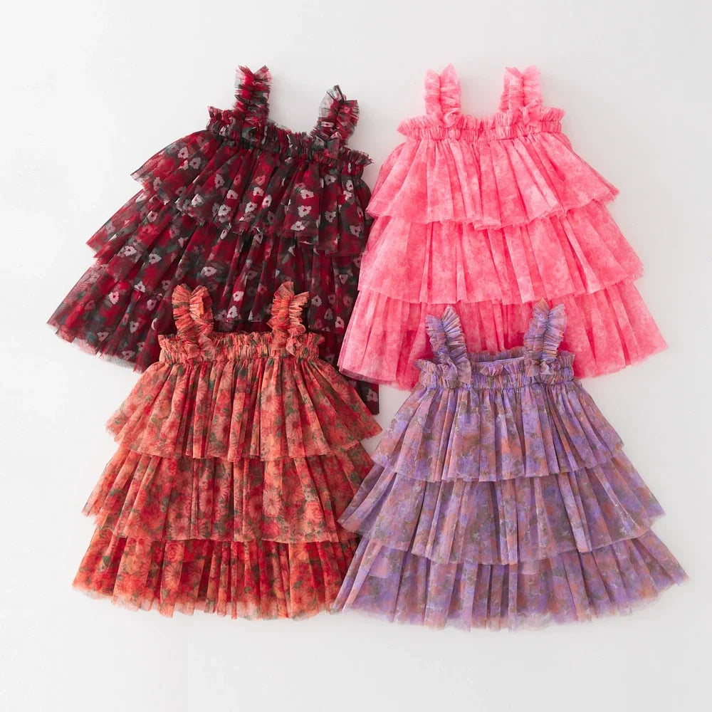 Vestido Infantil Tule Camadas com Flores