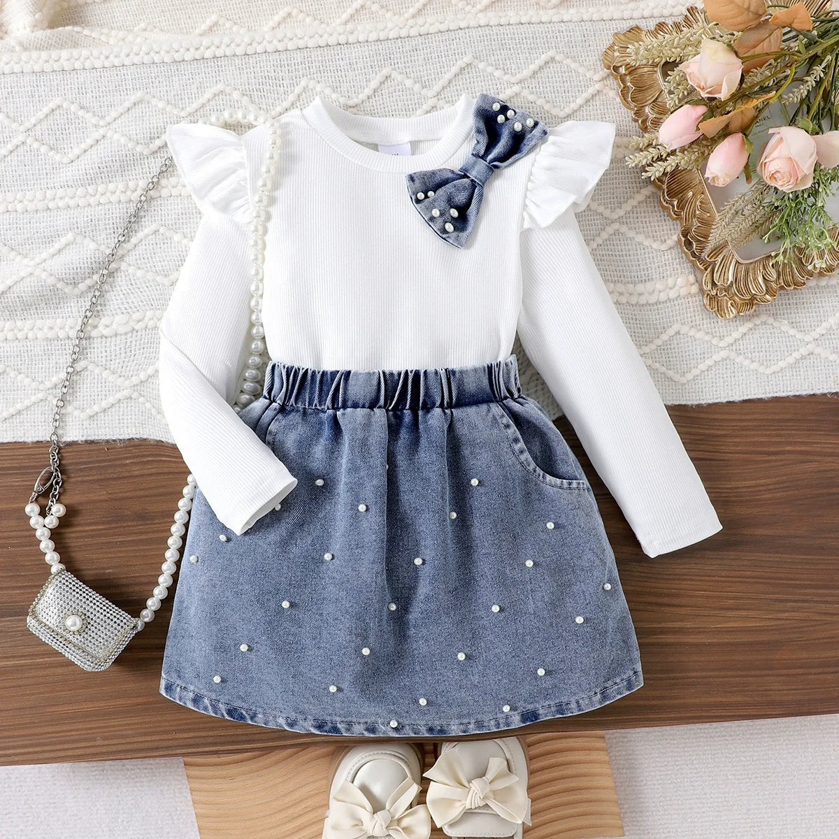 Conjunto Infantil Feminino Jeans e Pérolas