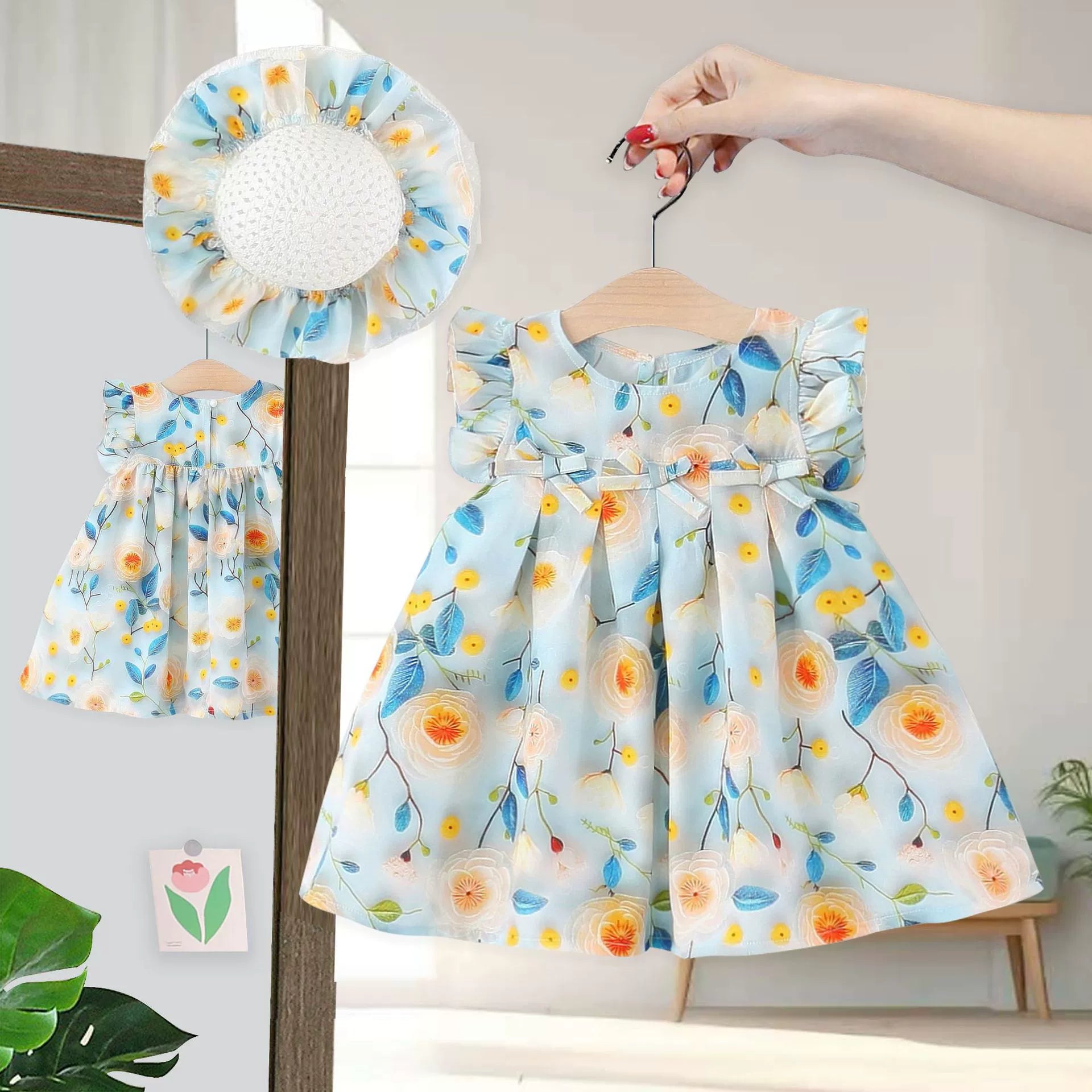 Vestido infantil Floral Lacinhos + Chapéu