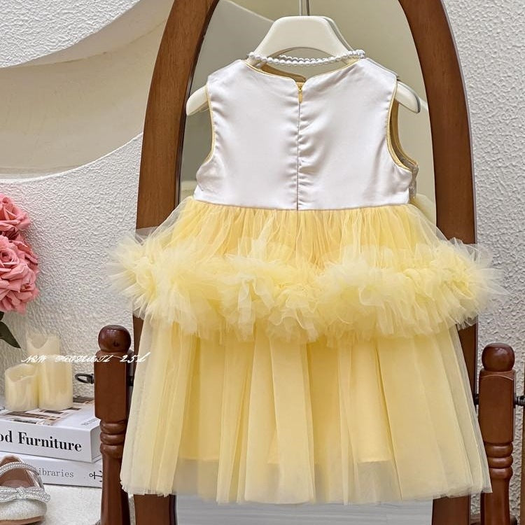 Vestido Infantil Amarelo Lantejoulas e Tule