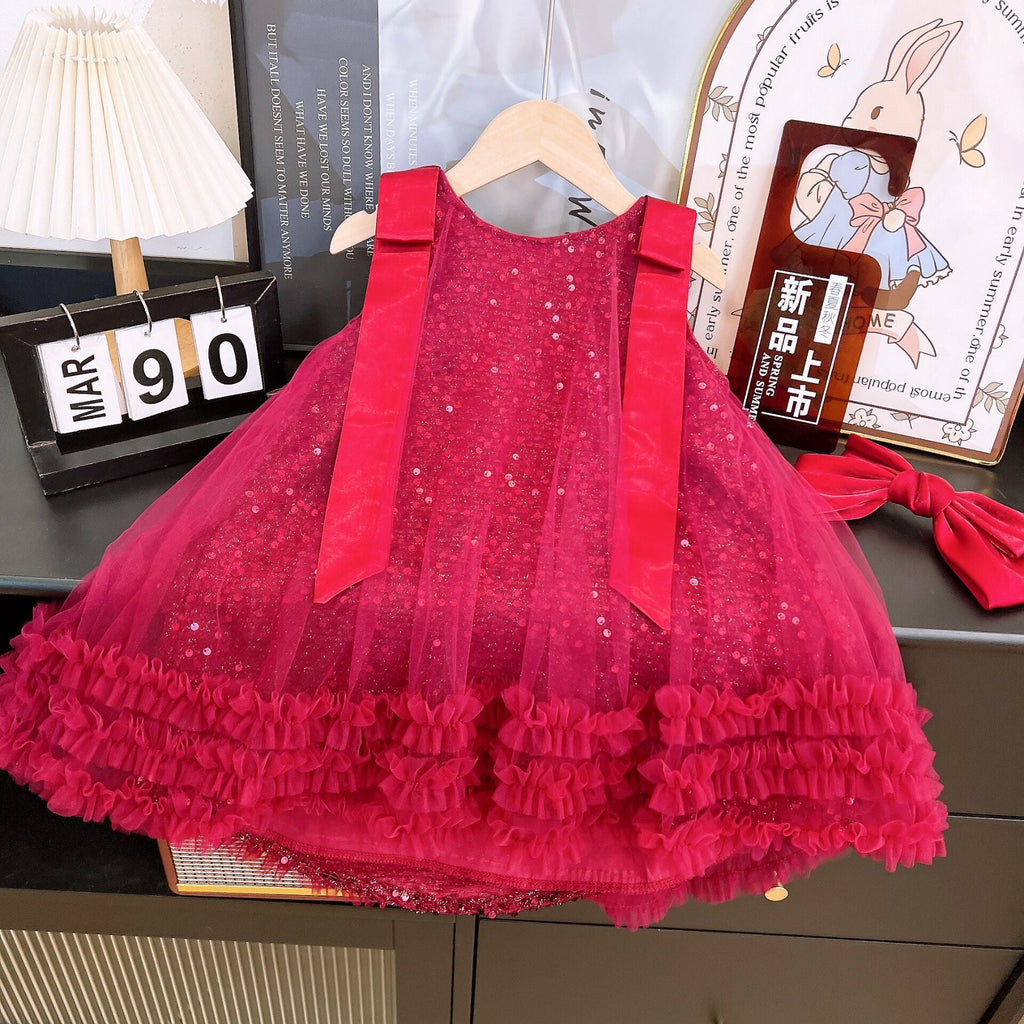 Vestido Infantil De Tule Brilhante Lacinho