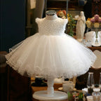 Vestido De Festa Infantil Branco Tule e Brilhantes