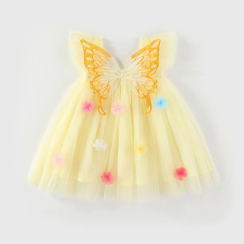 Vestido Infantil de Tule com Asas e Flores