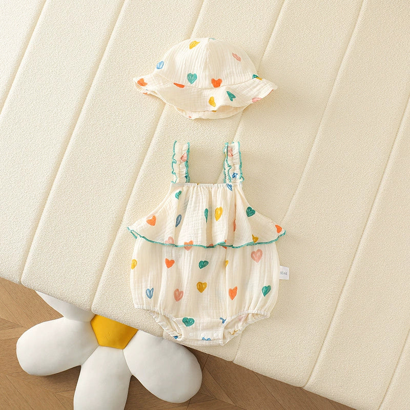 Body Infantil Verão Coraçõeszinhos + Chapéu