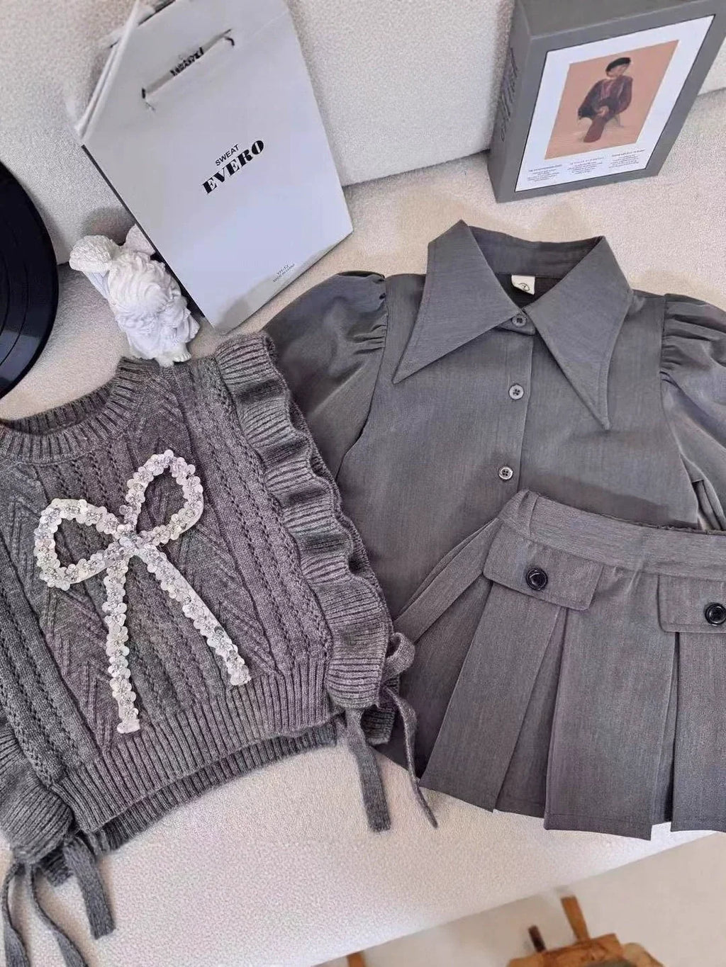 Conjunto Infantil Cinza 3 Peças Lacinho