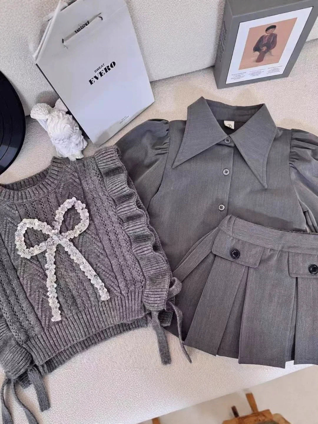 Conjunto Infantil Cinza 3 Peças Lacinho