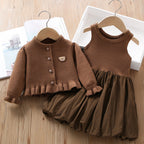 Vestido + Cardigan Infantil Tricô Ursinho