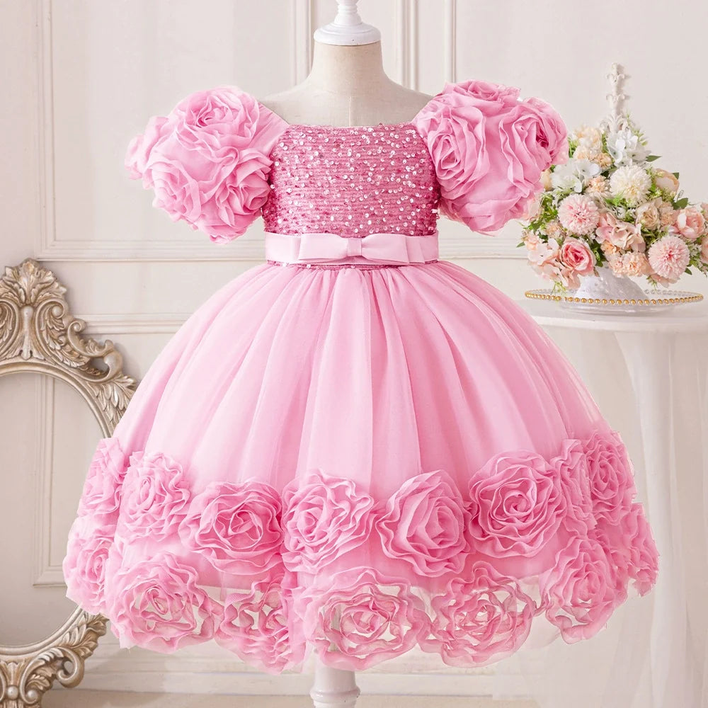 Vestido Infantil de Festa Flores e Lantejoulas