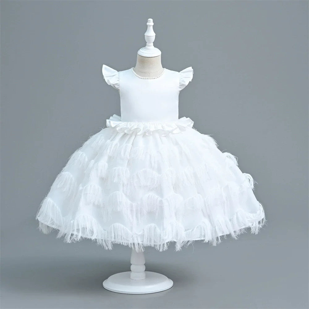 Vestido Infantil De Festa Tule Camadas e Plumas