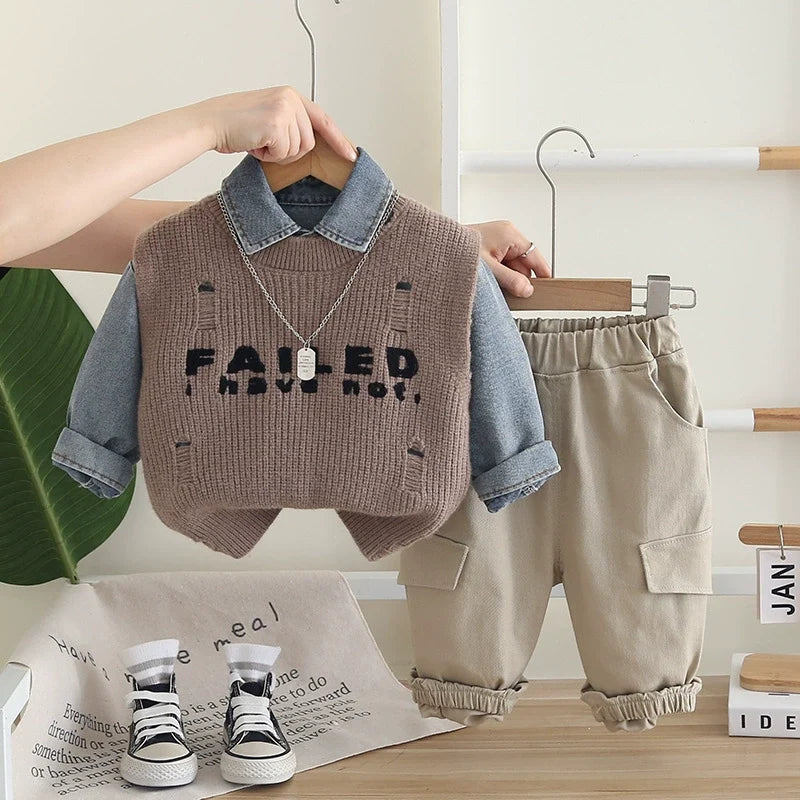 Conjunto Infantil 3 Peças Colete e Jeans