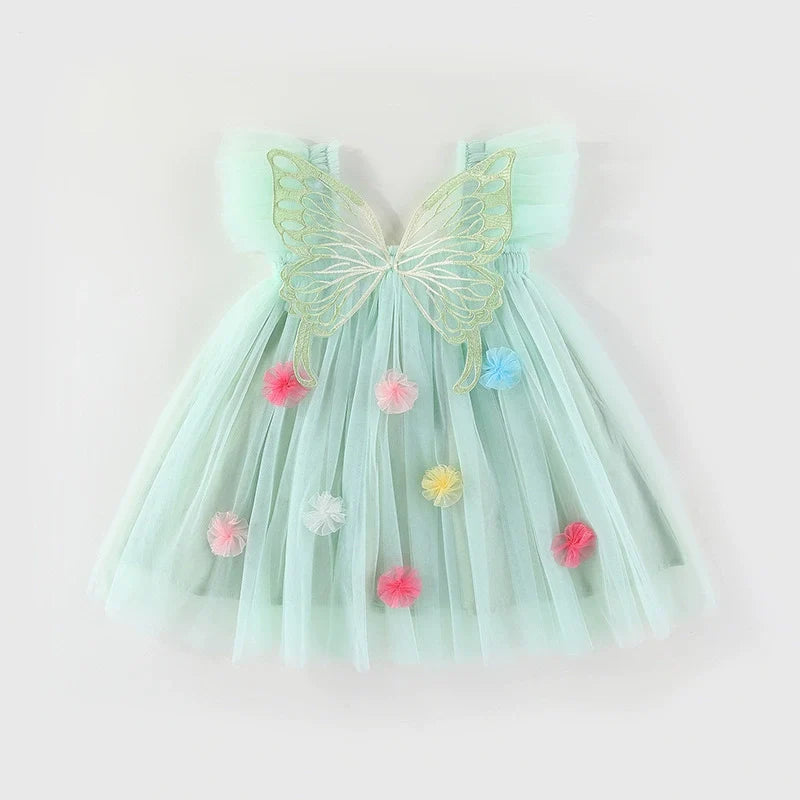 Vestido Infantil de Tule com Asas e Flores