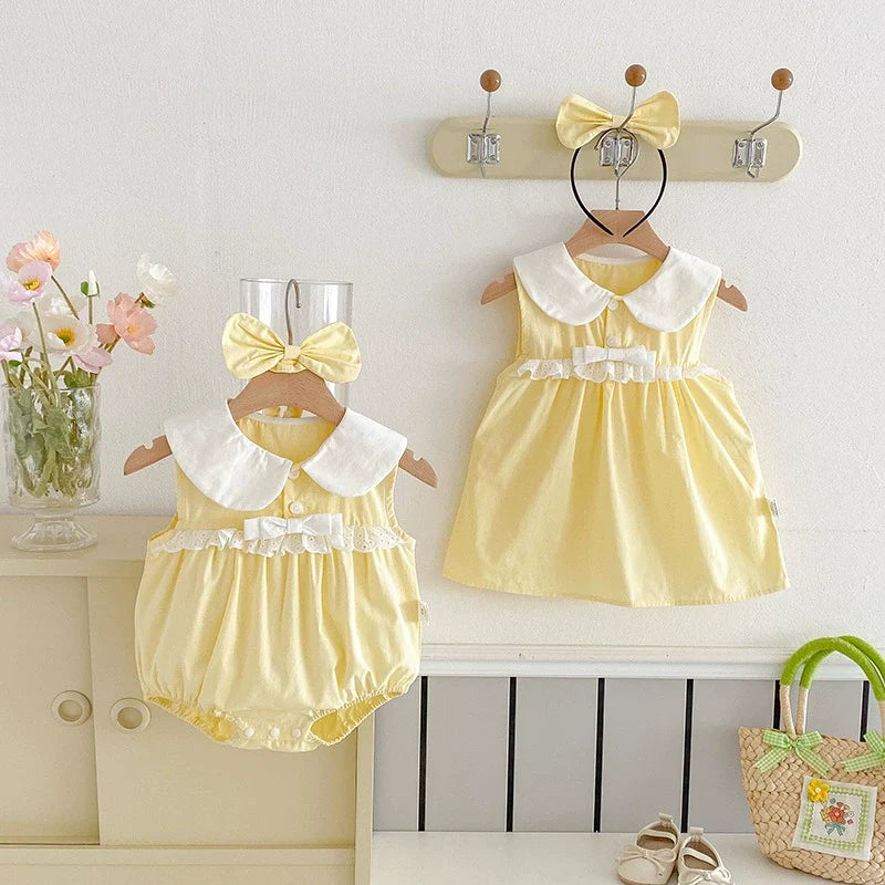 Body/ Vestido Infantil Amarelo Lacinho