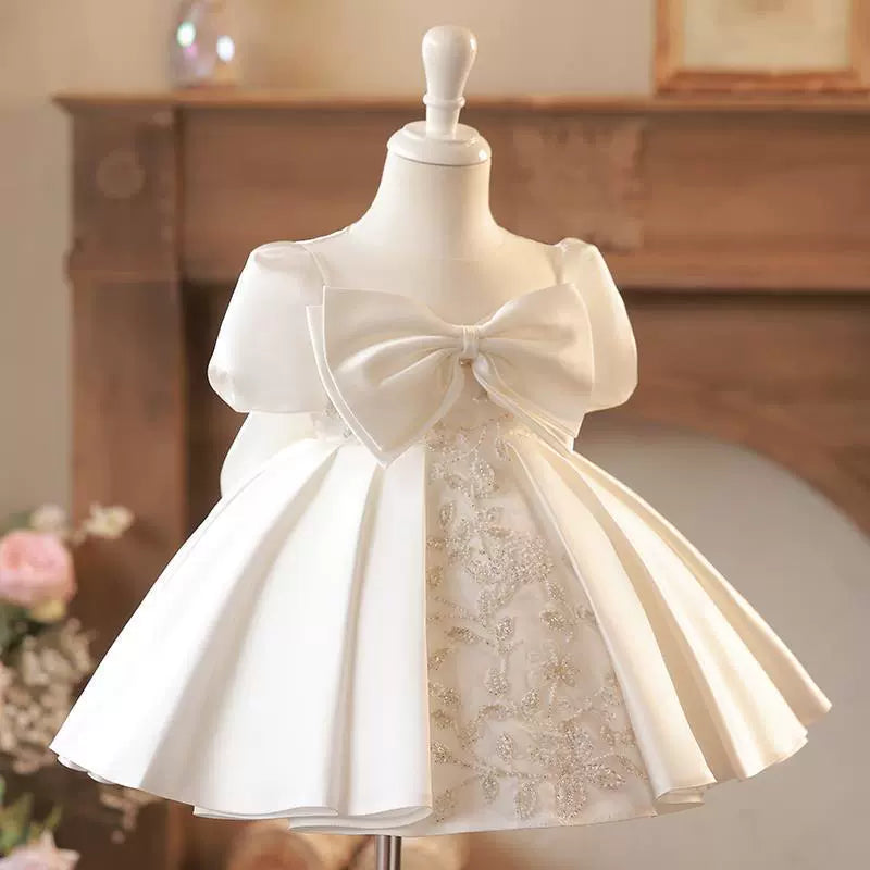 Vestido Infantil Branco Folhas Lacinho