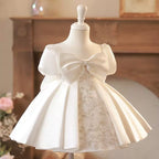 Vestido Infantil Branco Folhas Lacinho