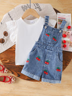Jardineira Jeans Cerejinha + Blusinha