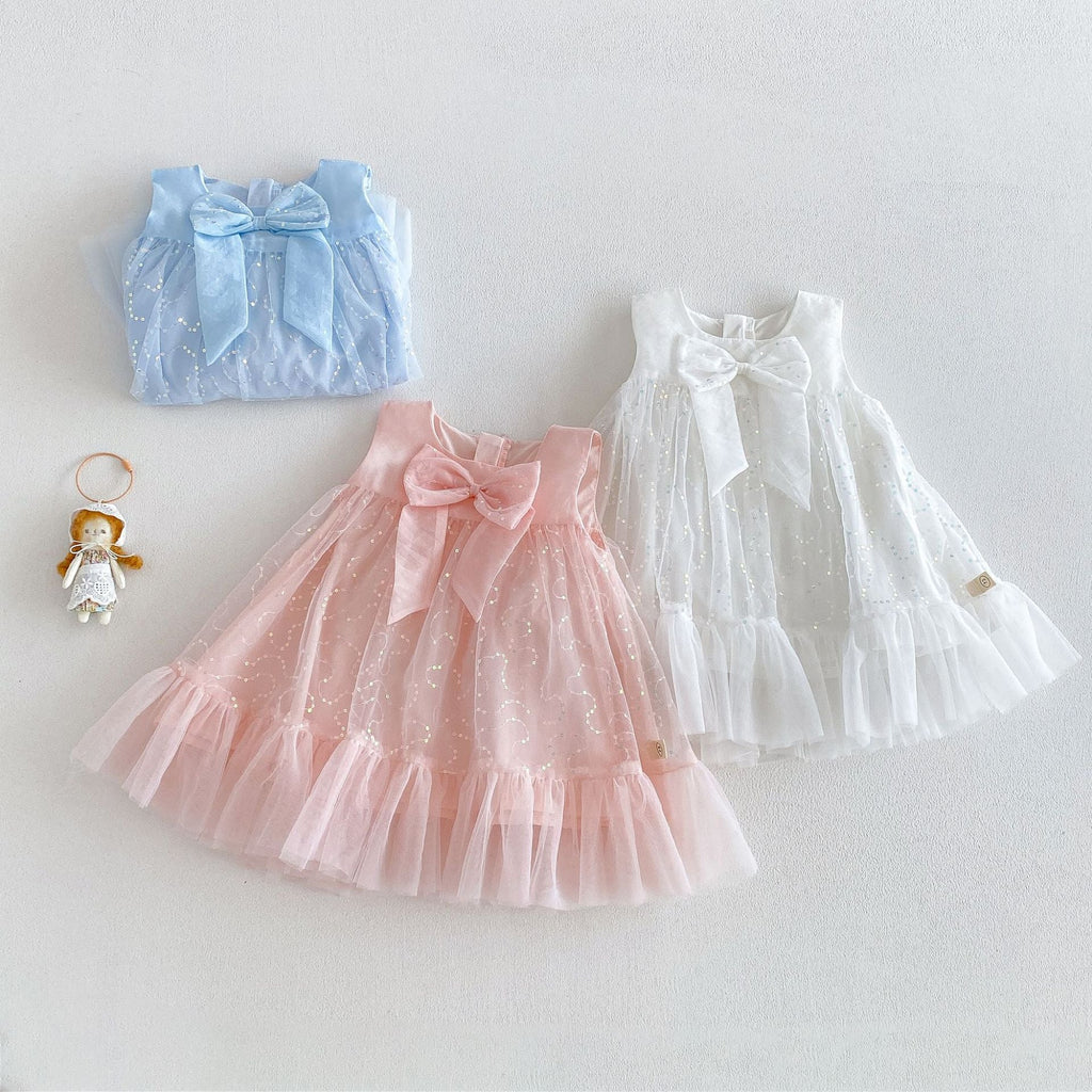 Vestido Infantil Tule Brilhante Lacinho
