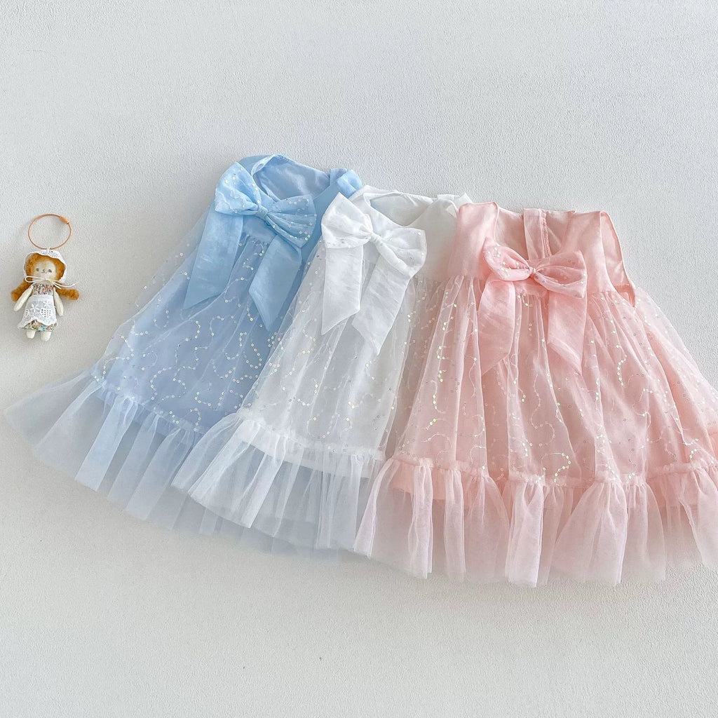 Vestido Infantil Tule Brilhante Lacinho