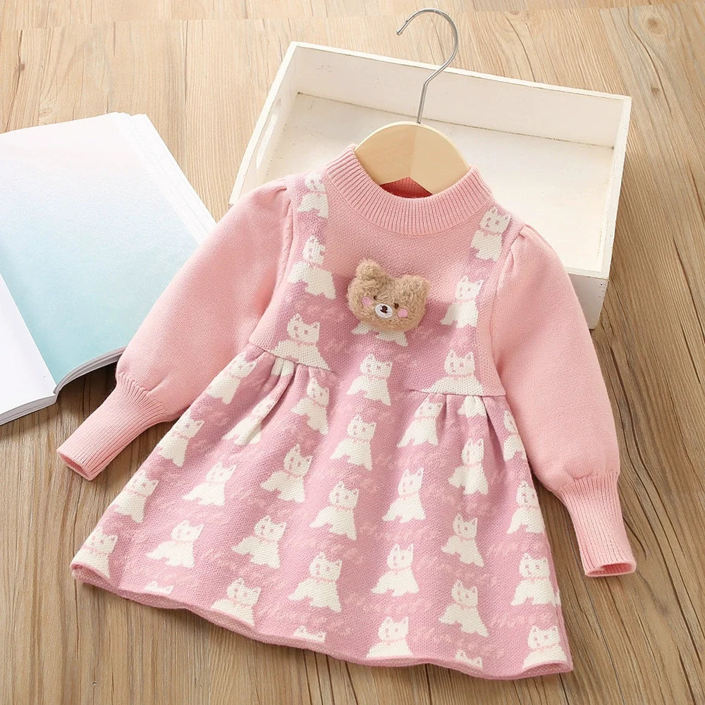 Vestido Infantil Tricô Ursinho Gatinho
