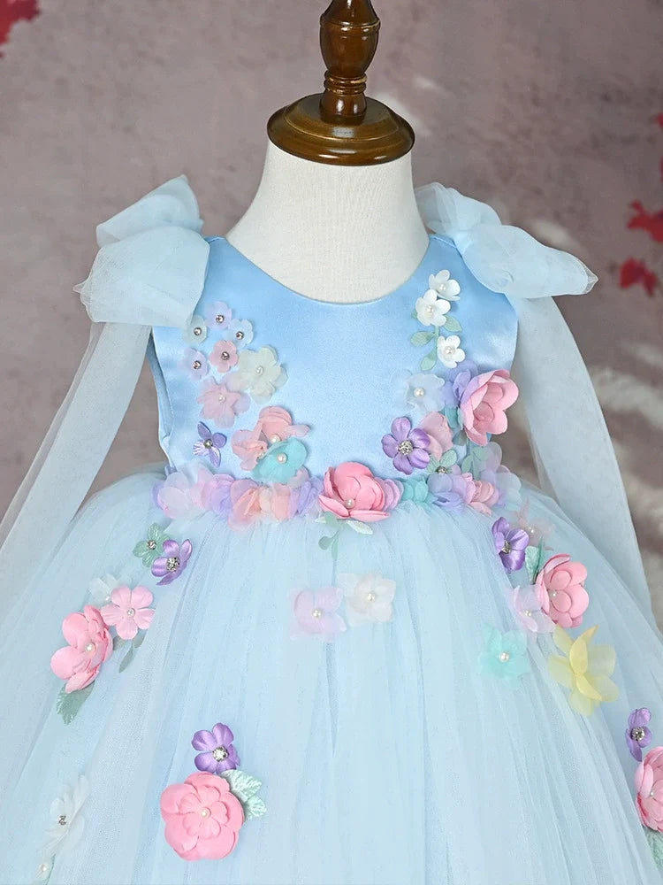 Vestido Infantil de Festa Azul Flores