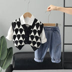 Conjunto Infantil Masculino 3 Peças com Colete de Tricô