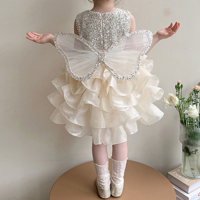 Vestido Infantil Brilhante com Asinha de Borboleta