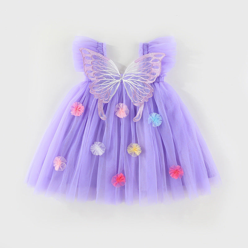 Vestido Infantil de Tule com Asas e Flores