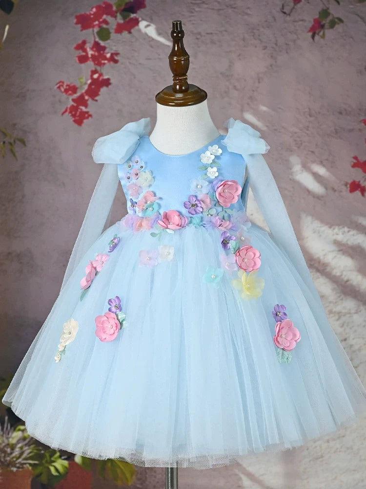 Vestido Infantil de Festa Azul Flores