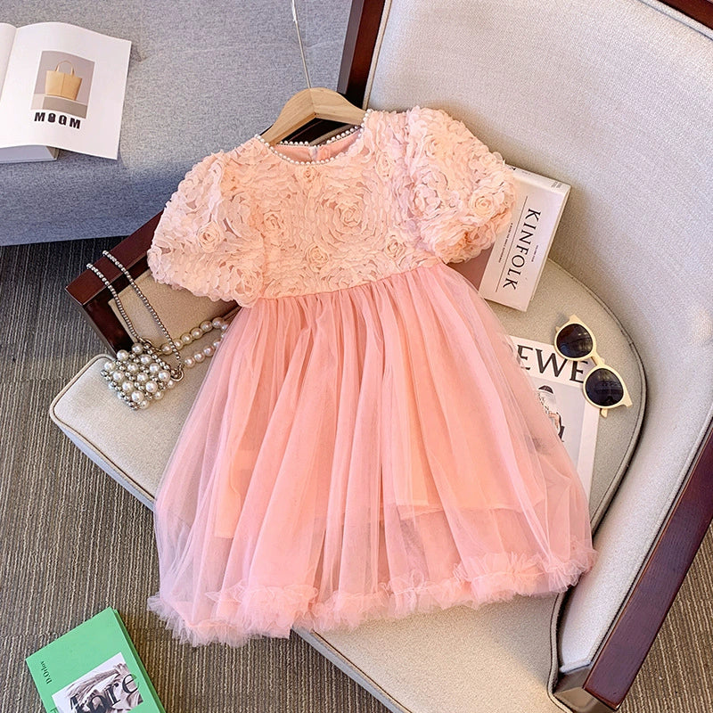 Vestido Infantil Rosa Tule Floral