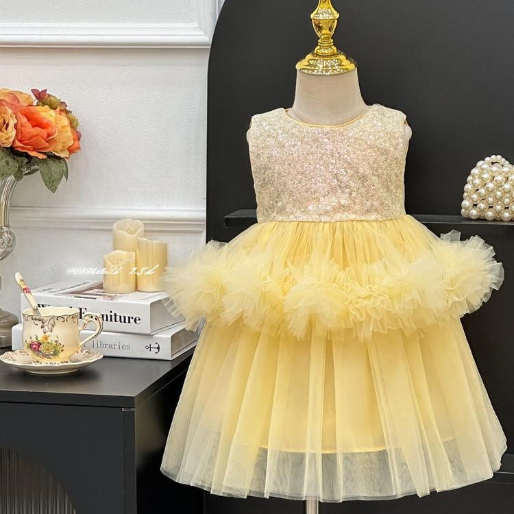 Vestido Infantil Amarelo Lantejoulas e Tule