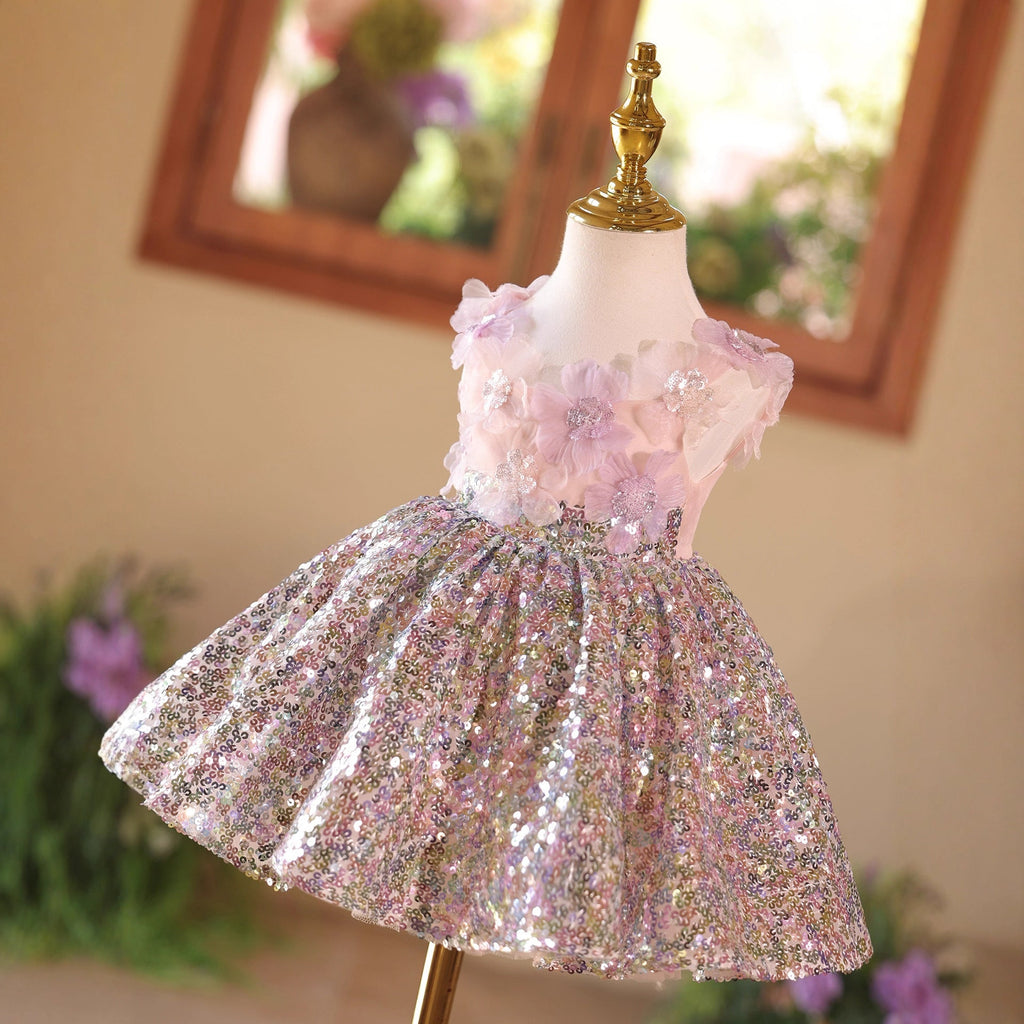 Vestido Infantil de Festa Flores e Lantejoulas