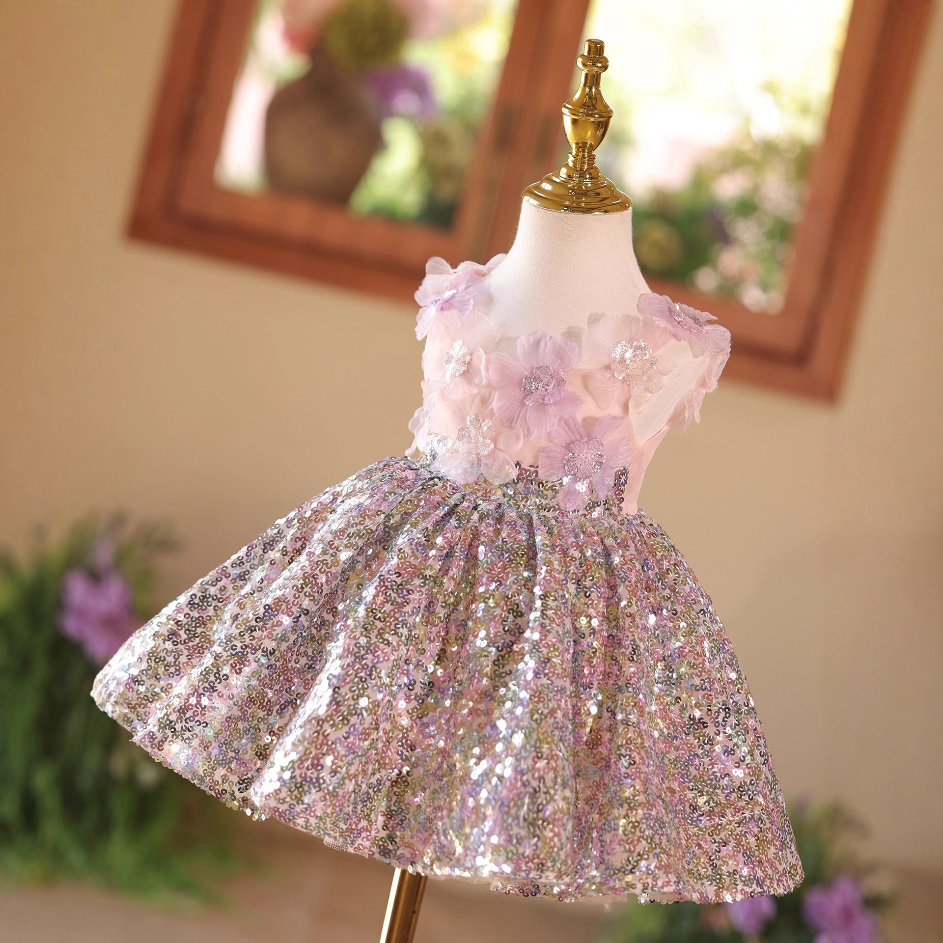 Vestido Infantil de Festa Flores e Lantejoulas