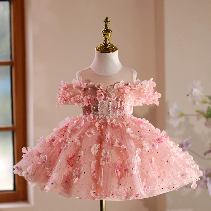 Vestido Infantil de Festa Rosa Florzinhas