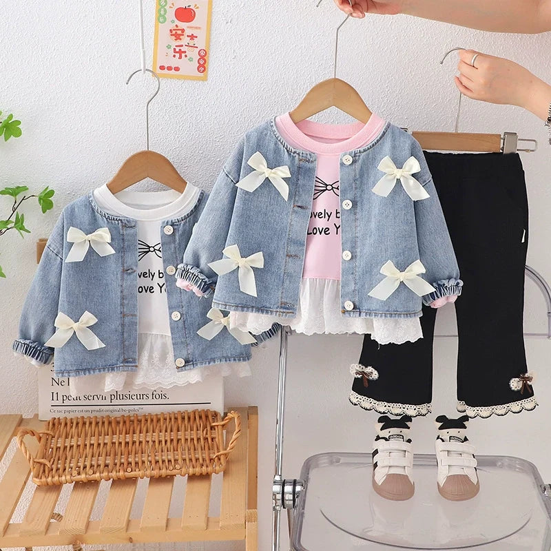 Conjunto Infantil 3 Peças Jeans Lacinhos