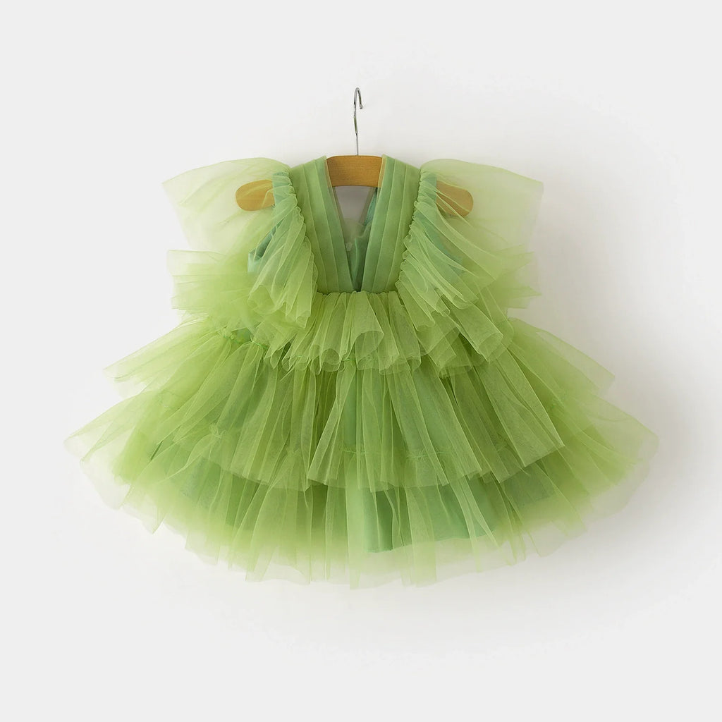 Vestido Infantil Verde Camadas de Tule