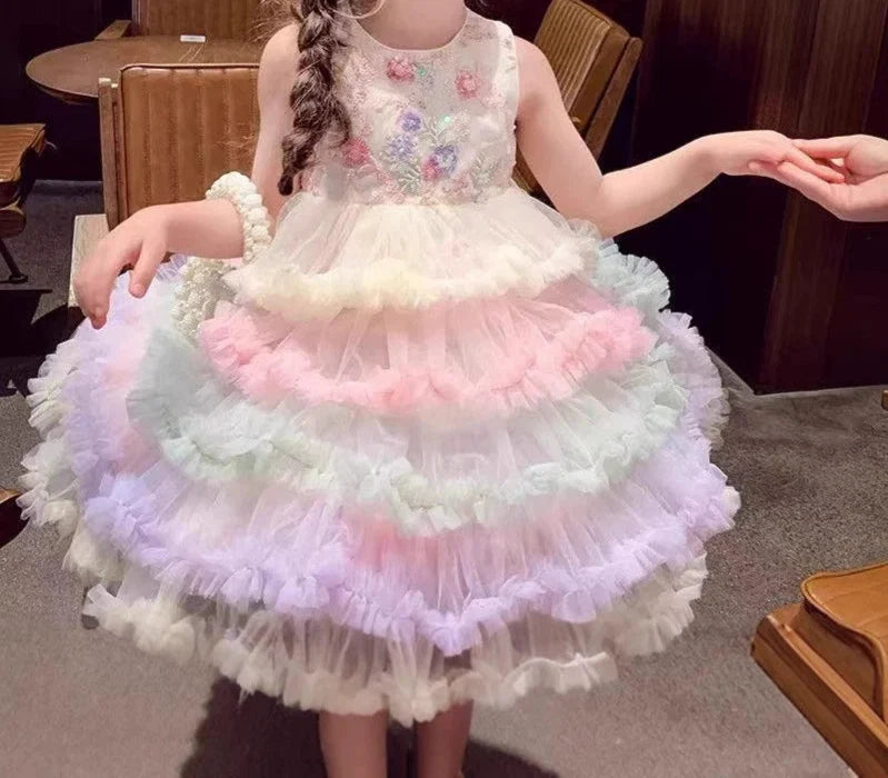 Vestido Infantil Florzinhas e Tule Colorido
