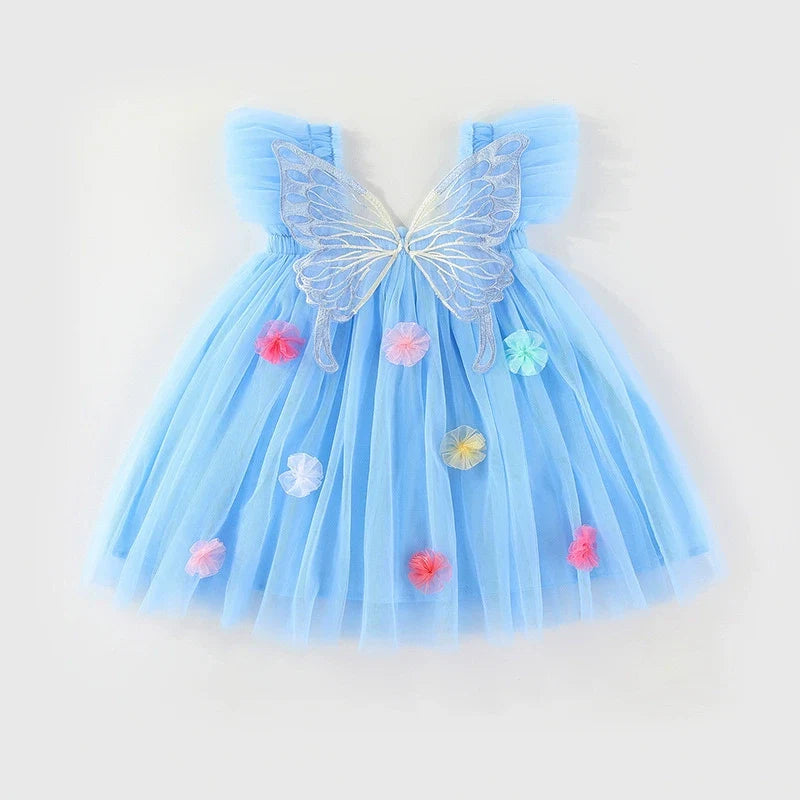 Vestido Infantil de Tule com Asas e Flores