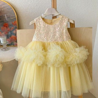 Vestido Infantil Amarelo Lantejoulas e Tule