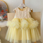 Vestido Infantil Amarelo Lantejoulas e Tule