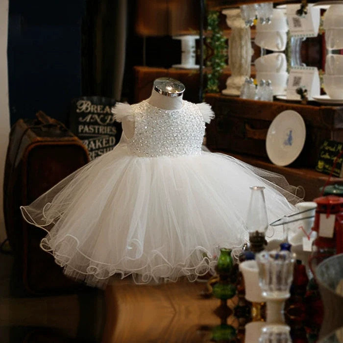 Vestido De Festa Infantil Branco Tule e Brilhantes
