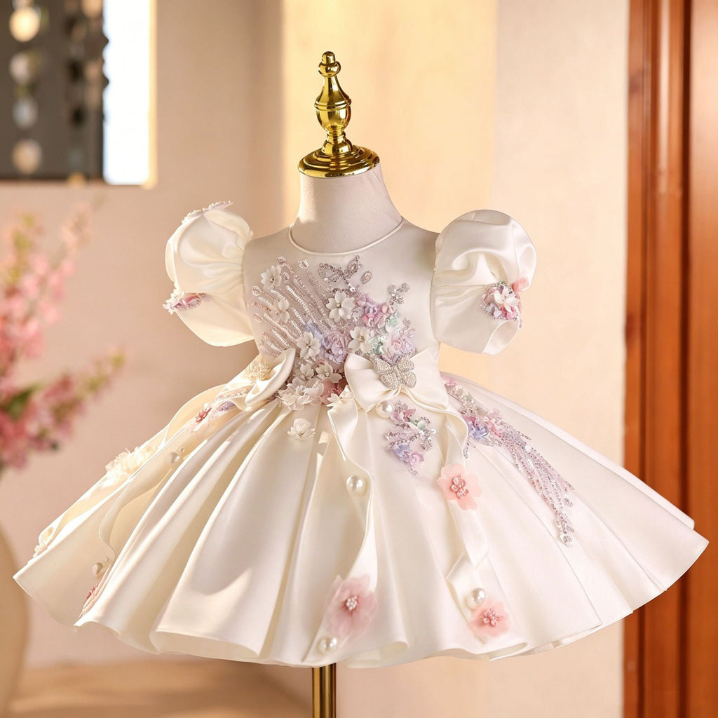 Vestido Infantil Branco Flores Brilhantes