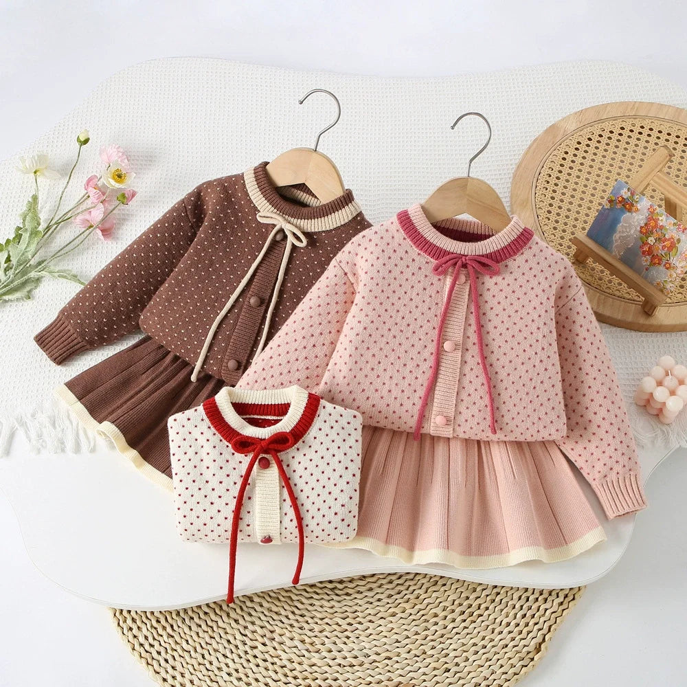 Conjunto Infantil Feminino Tricô Poá Lacinho