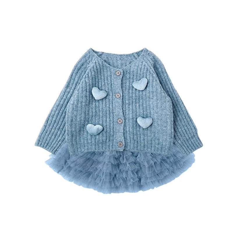 Conjunto Infantil Cardigan Corações + Saia Tule