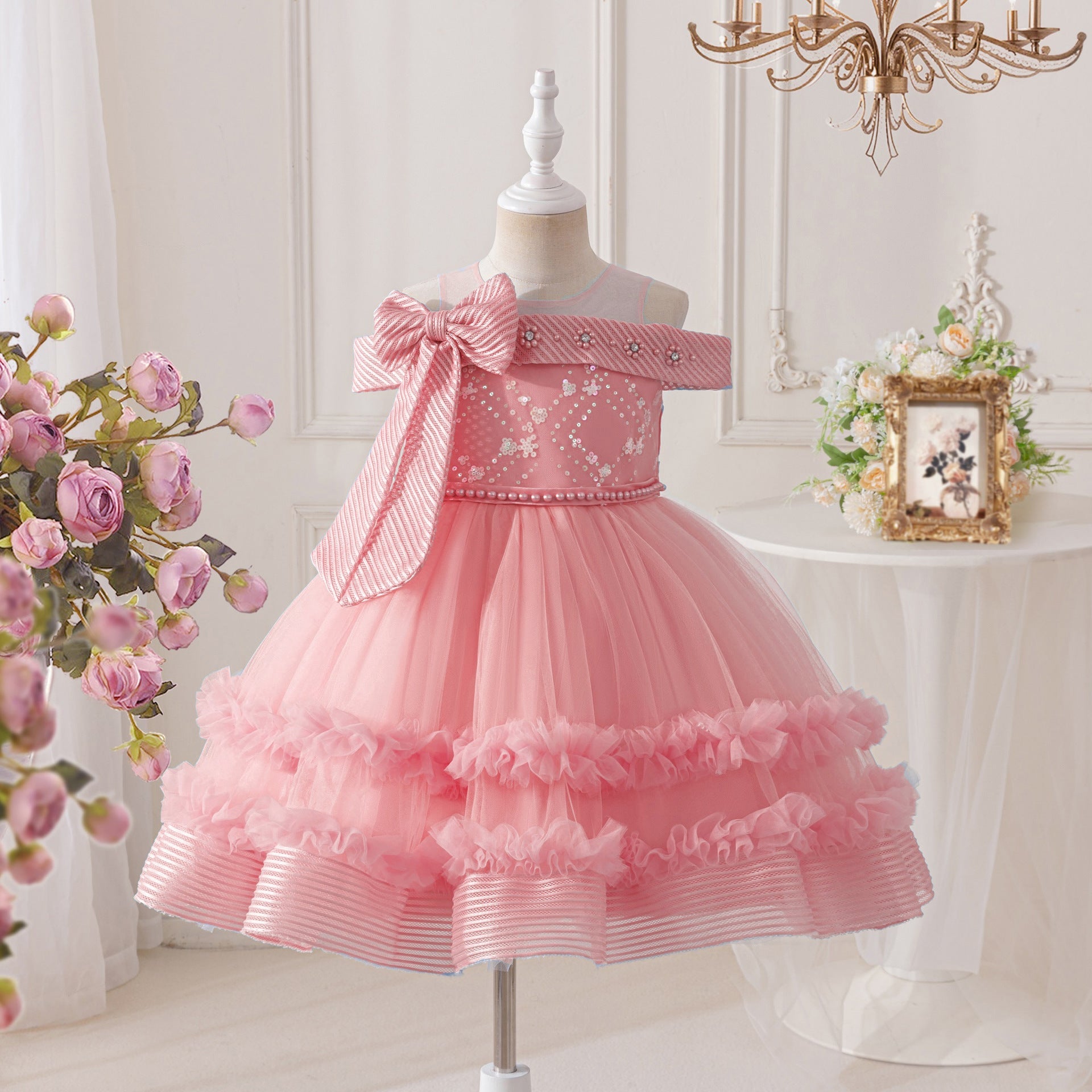 Vestido Infantil de Festa Ombro a Ombro Lacinho