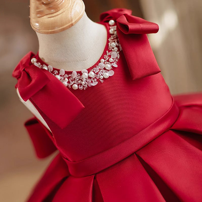 Vestido Infantil de Festa Vermelho Pérolas