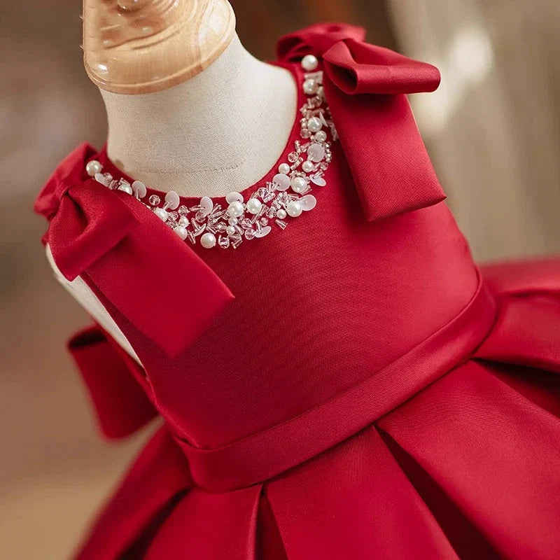 Vestido Infantil de Festa Vermelho Pérolas