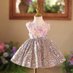 Vestido Infantil de Festa Flores e Lantejoulas